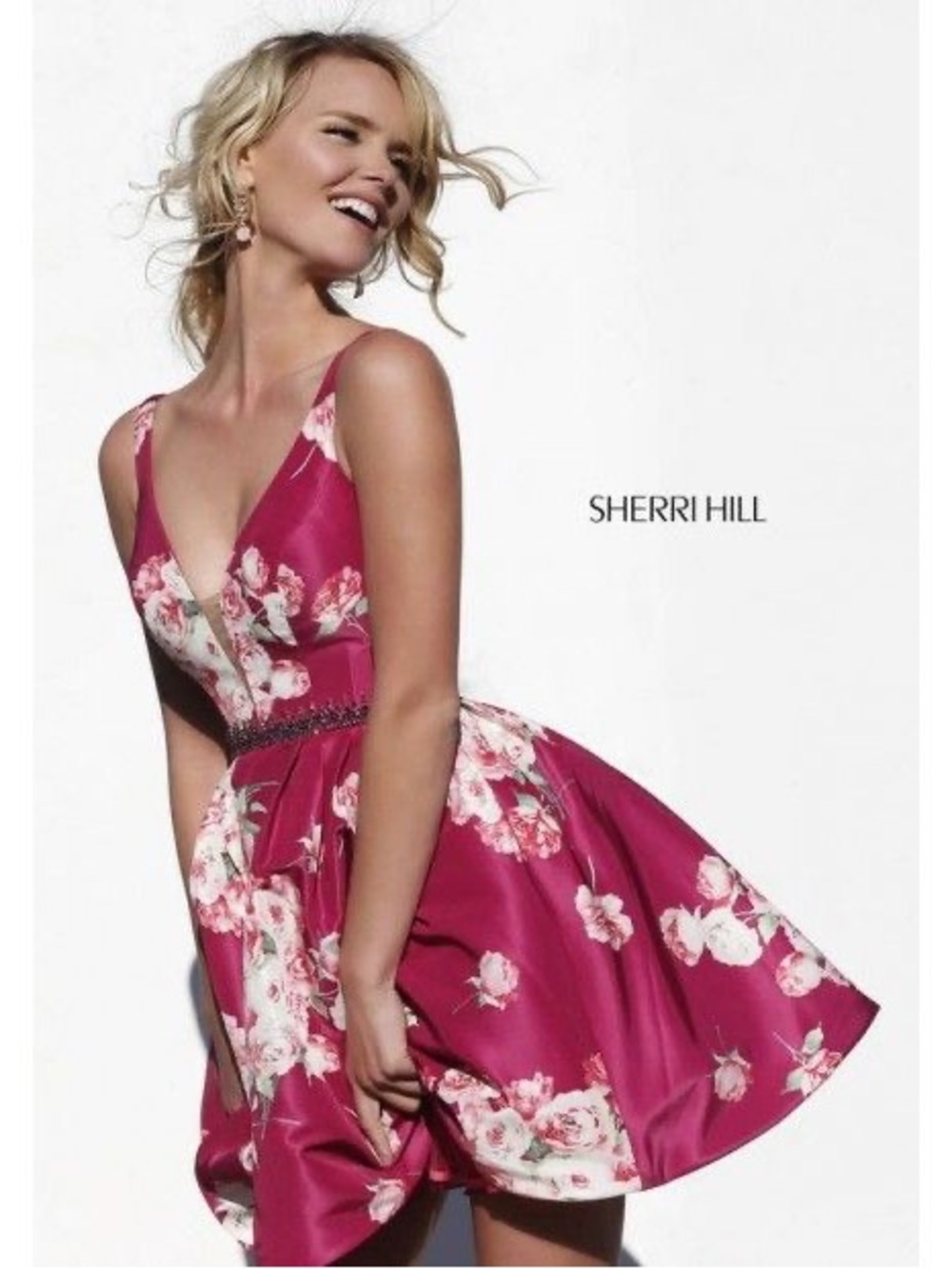 Sherri Hill Magenta Floral Plunge Satin Party Dress - Picture 2 of 12
